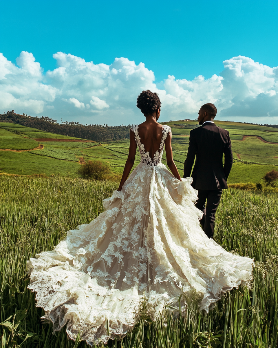 A Luxury Rwandan Bride and Groom Walking.