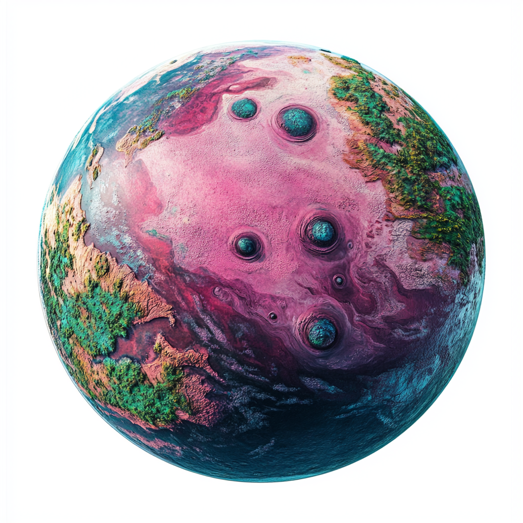 A Magenta Planet with Islands and Green Forests