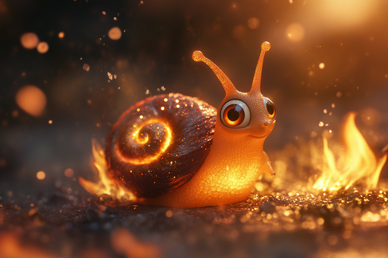 A Magical Flame Shell Snail in Pixar Style