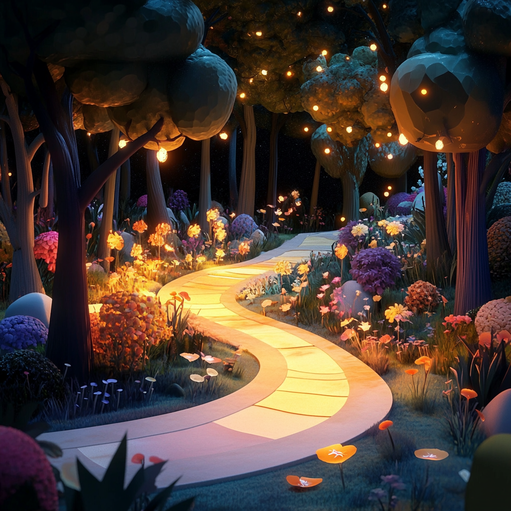 A Magical Glowing Path into a Cartoon Forest