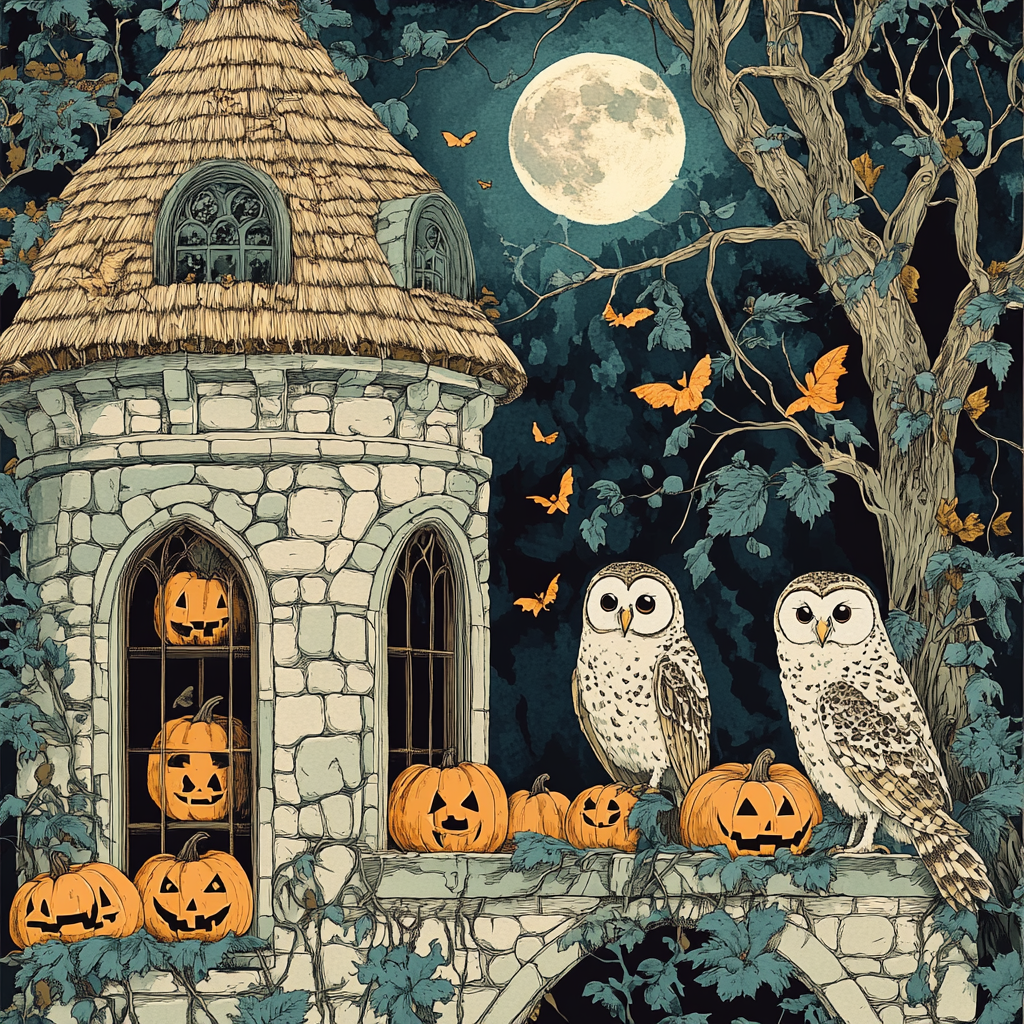 A Magical Owlery Tower With Smiling Pumpkins