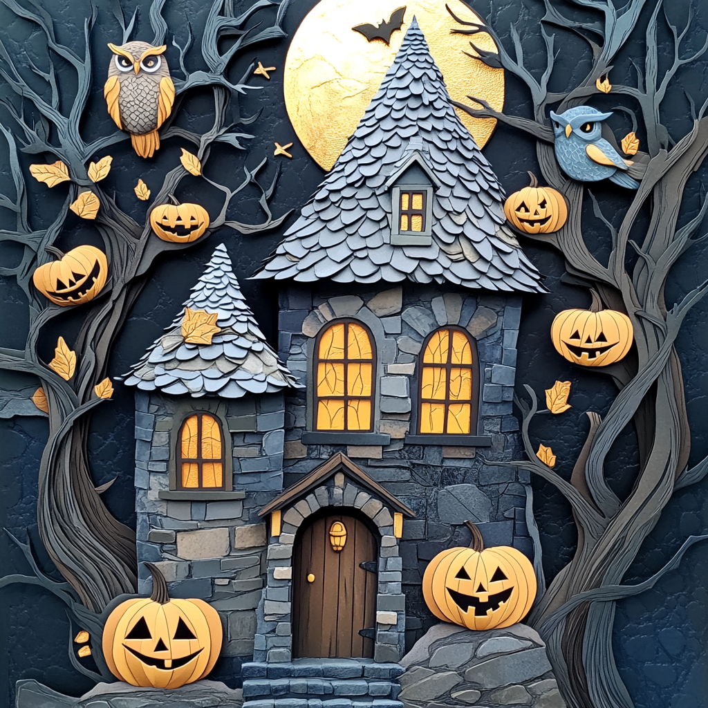 A Magical Owlery with Happy Pumpkins and Moon