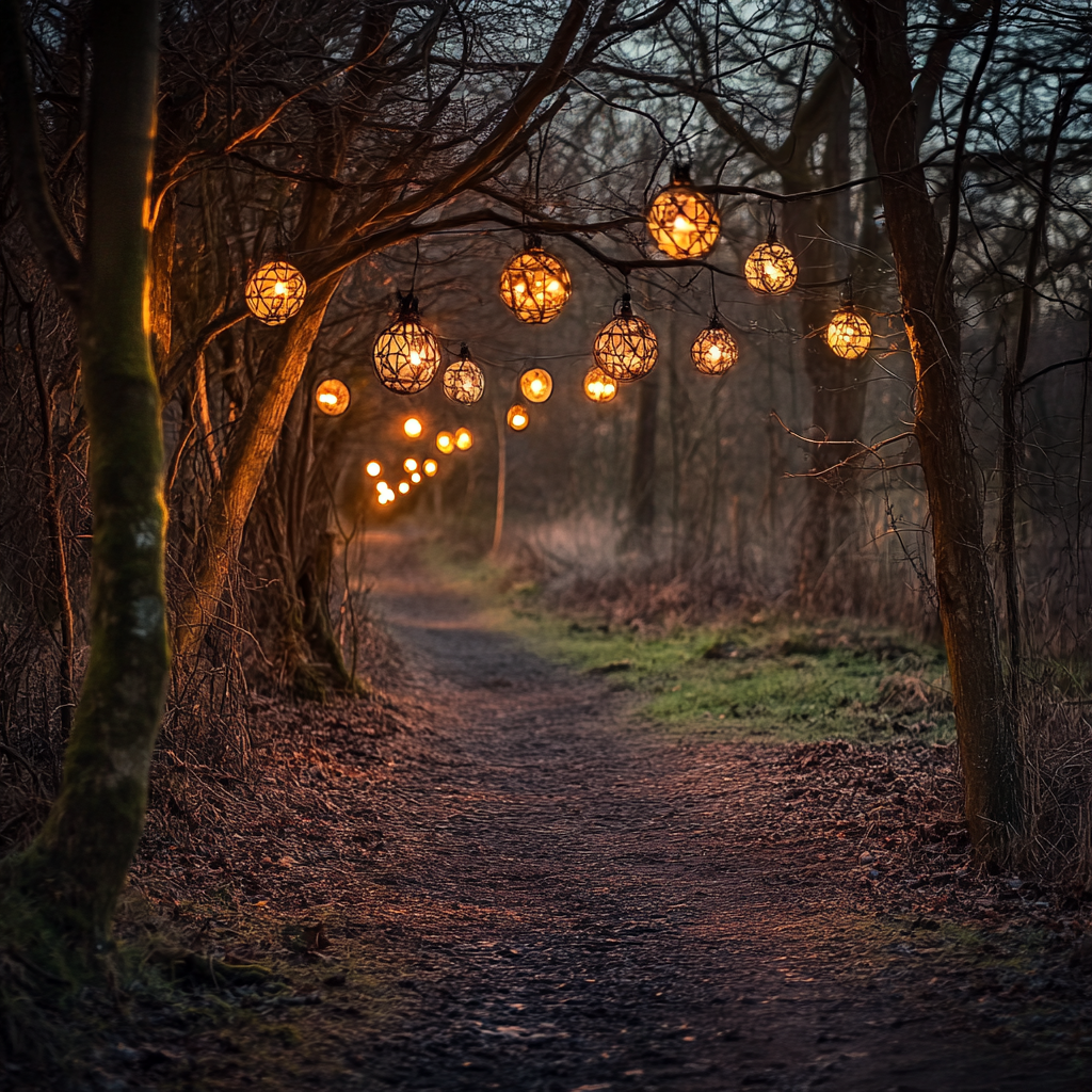 A Magical Sunrise Path with Lanterns and Pumpkins