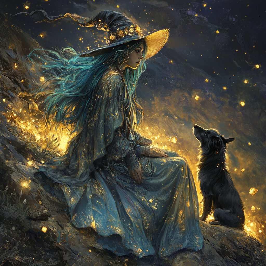 A Magical Witch and Her Dog at Night