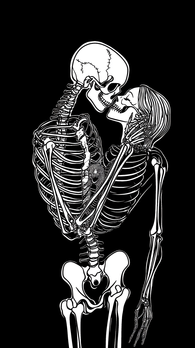 A Male and Female Skeleton Embracing on Black