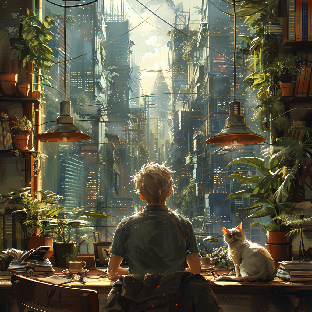 A Man, Cats, Forest Cityscape: Contemplative Cozy Workspace