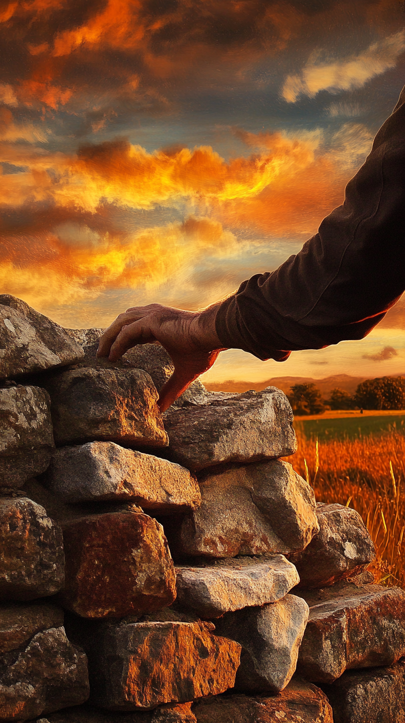 A Man Building a Stone Wall at Sunset