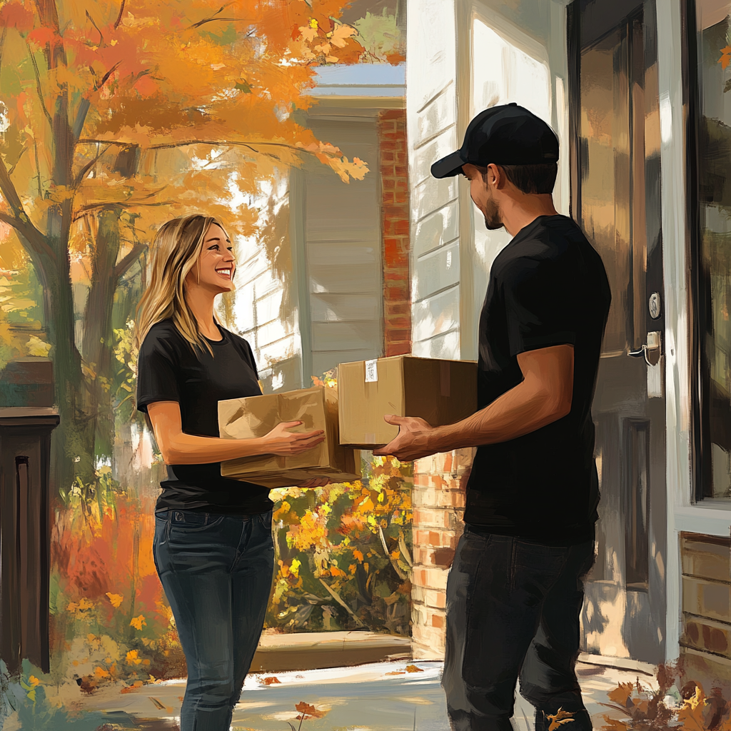 A Man Delivering a Package to a Woman