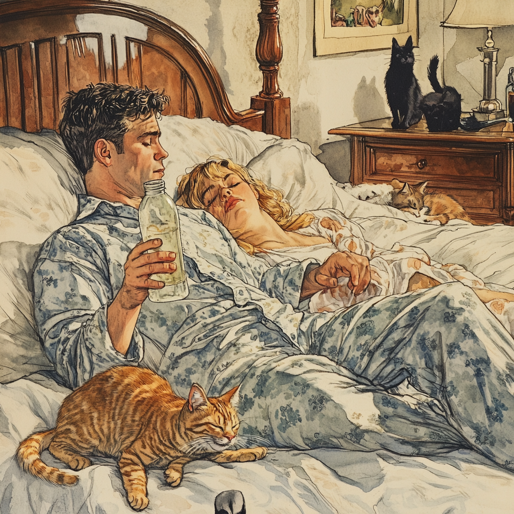 A Man Holding Bottle, Cats Sleeping in Bed