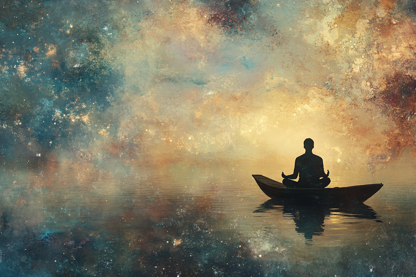 A Man Meditating on Boat in Dreamy Sea