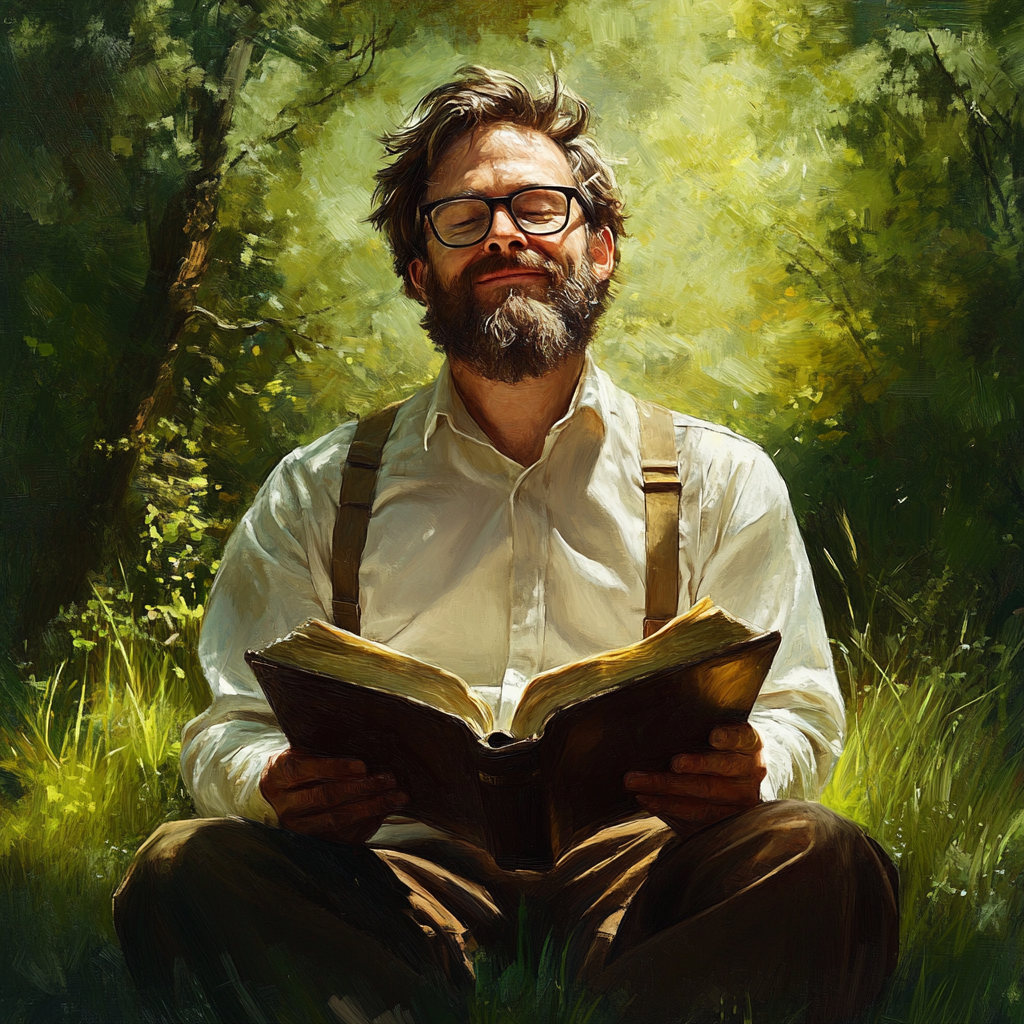 A Man Reading The Bible in Nature, Realistic.