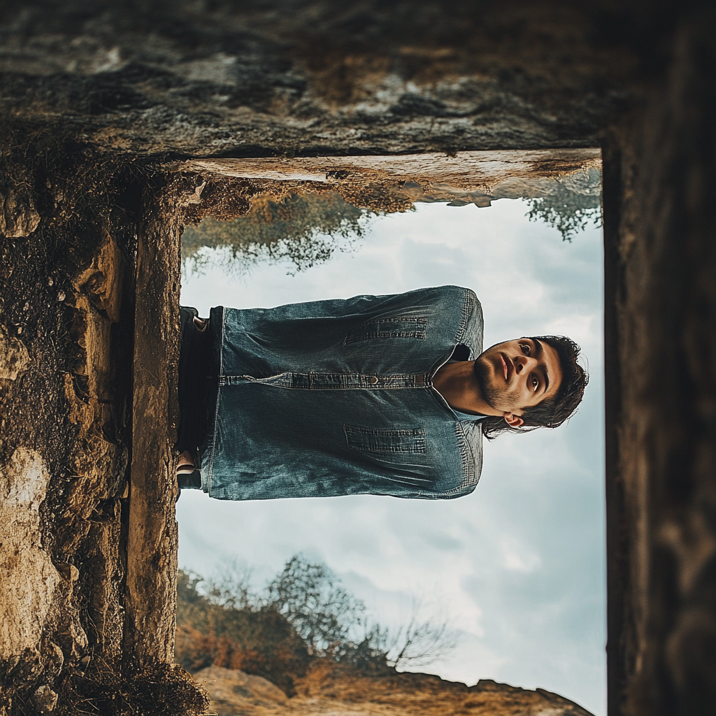 A Man Reflecting in Upside-Down Scenery Mirror