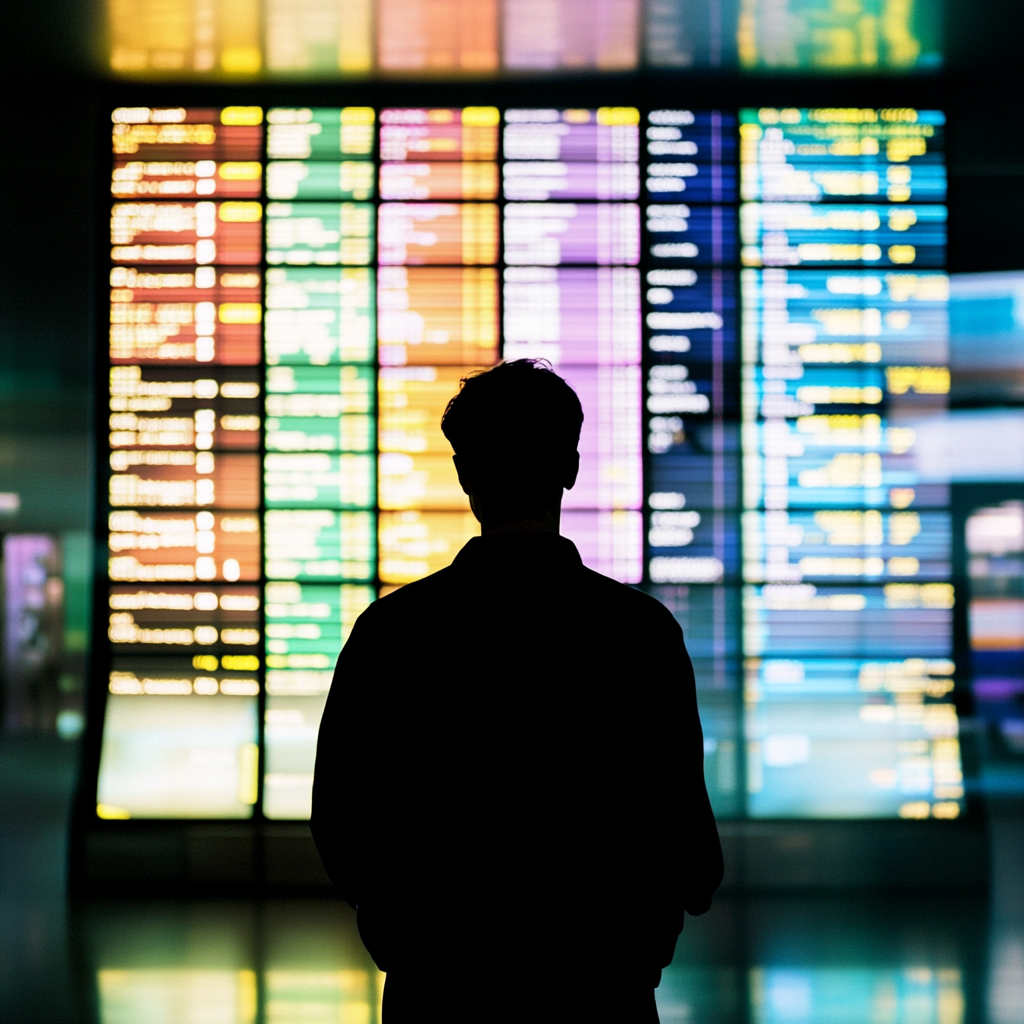 A Man Silhouetted Against Vibrant Departure Board