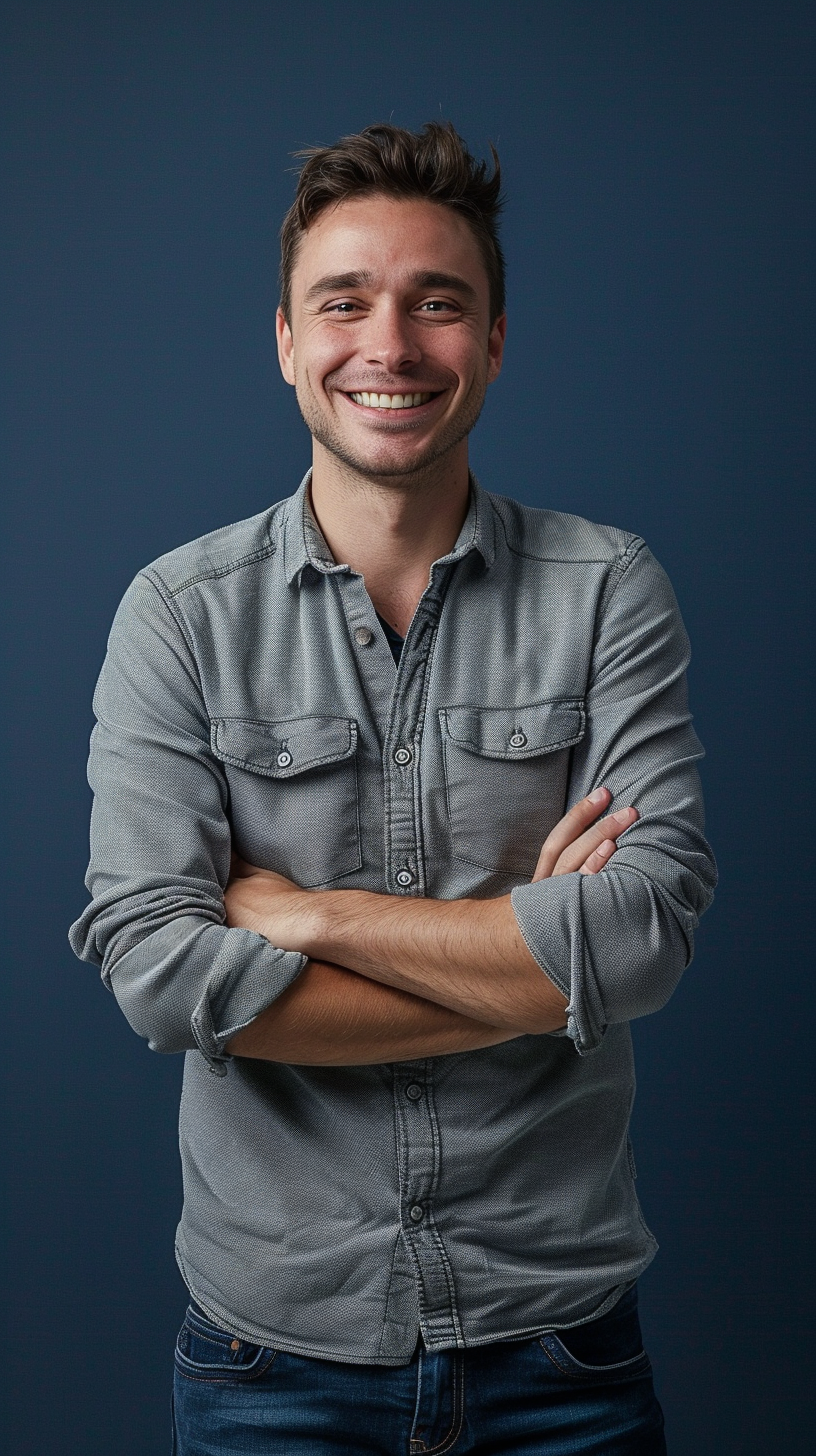 A Man Smiling with Folded Arms in Grey Shirt