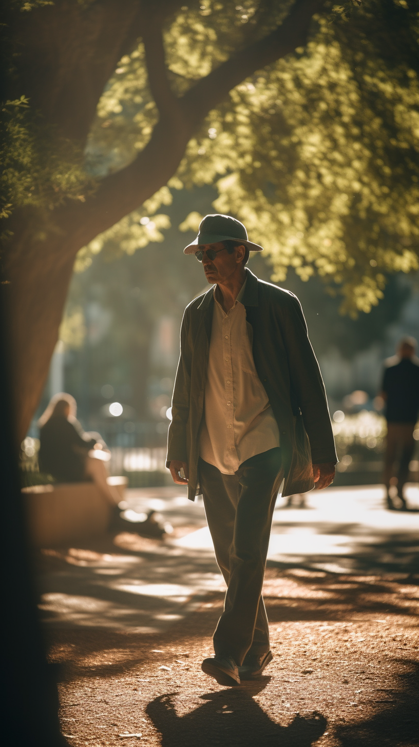 A Man Walking Through Sunlit Park Afternoon