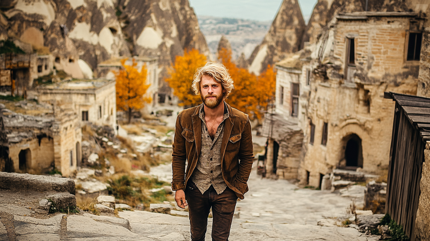 A Man Walking in Cappadocia with Epic Architecture