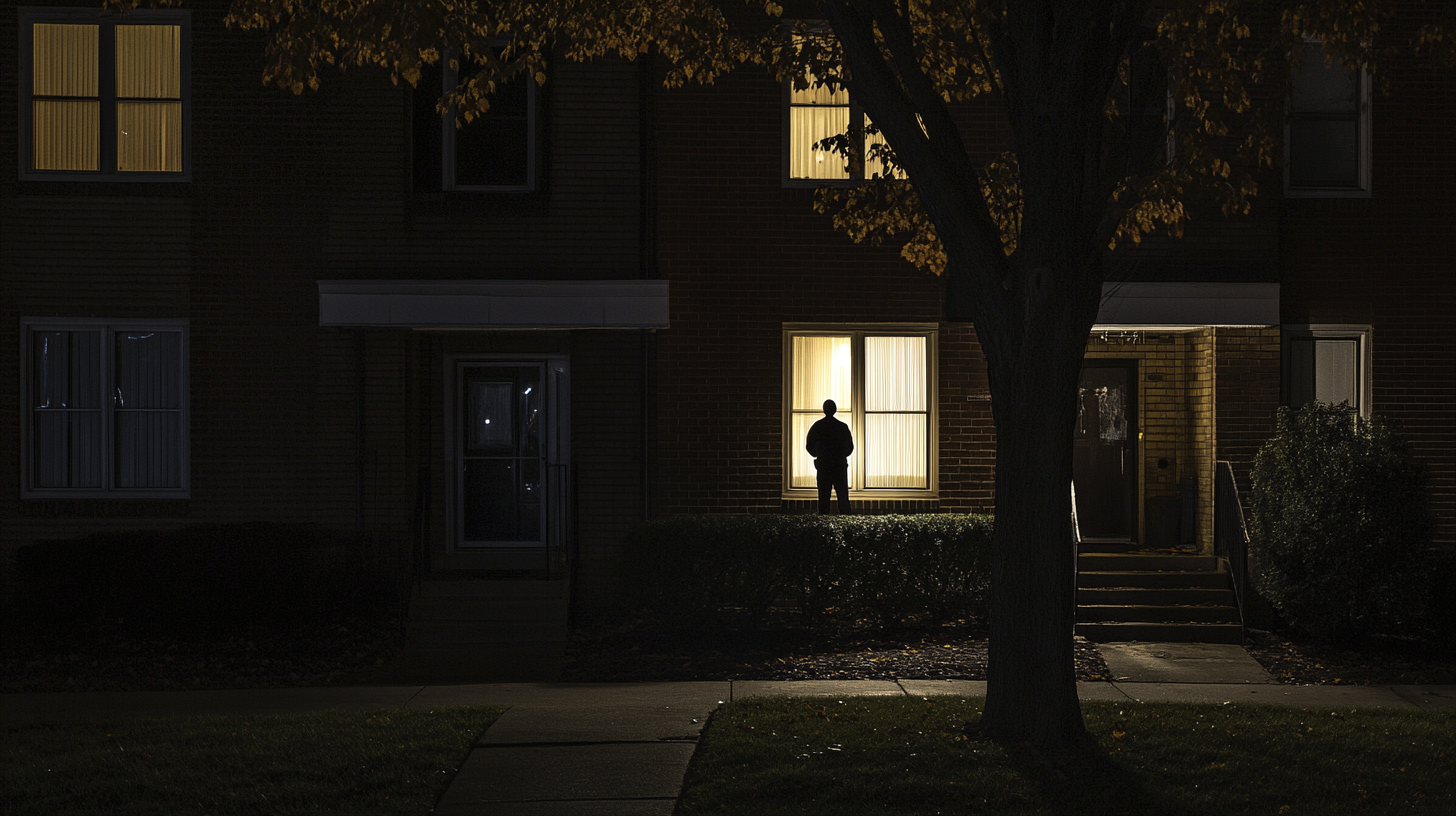 A Man Watches Dark Apartment Complex at Night