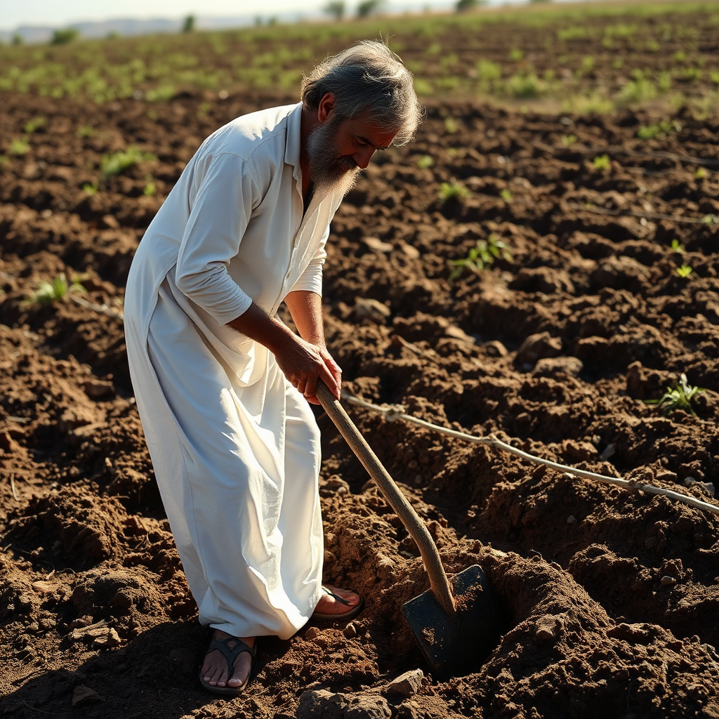 A Man Working in Bright Sunlight with Shovel