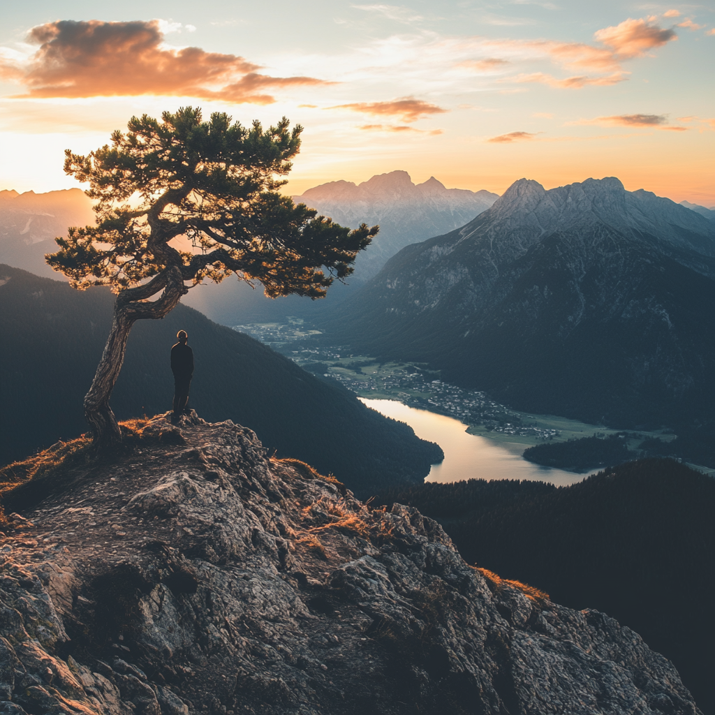 A Man and Tree on Mountain Slope