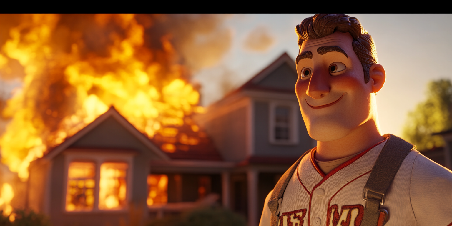 A Man in Baseball Uniform Smiles at Burning House