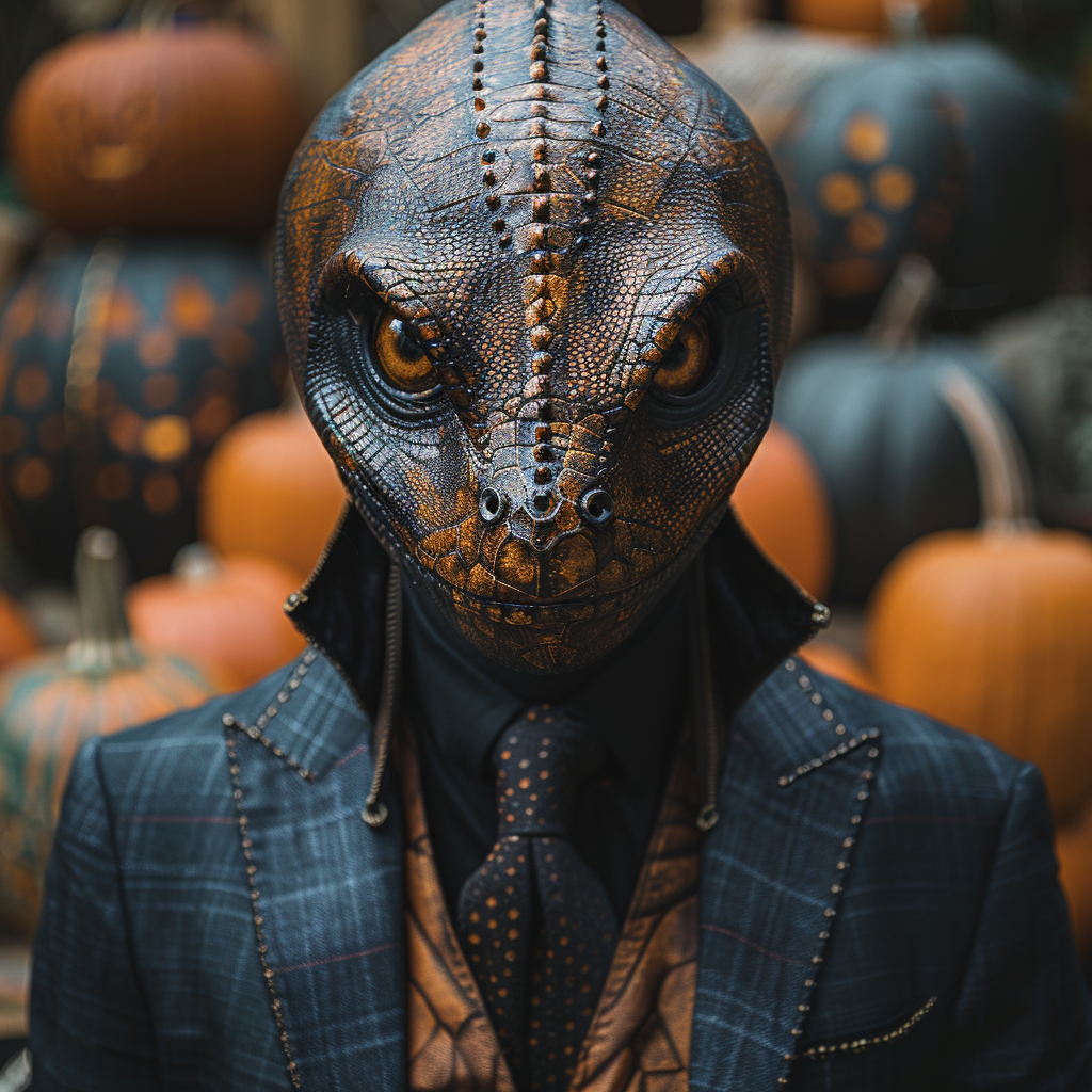 A Man in Reptiloid Mask at Halloween Party