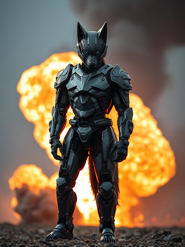 A Man in Steel Wolf Armor with Explosion