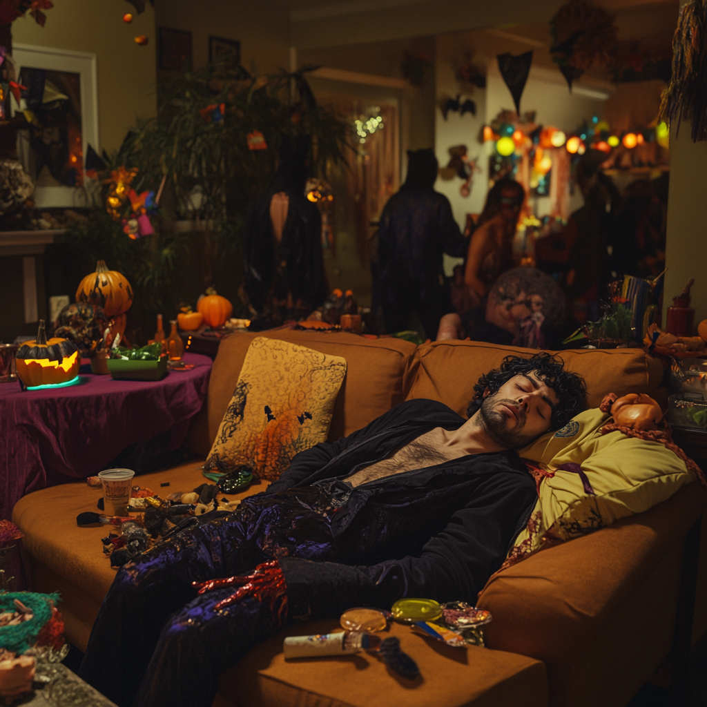 A Man in Vampire Costume Sleeps at Party