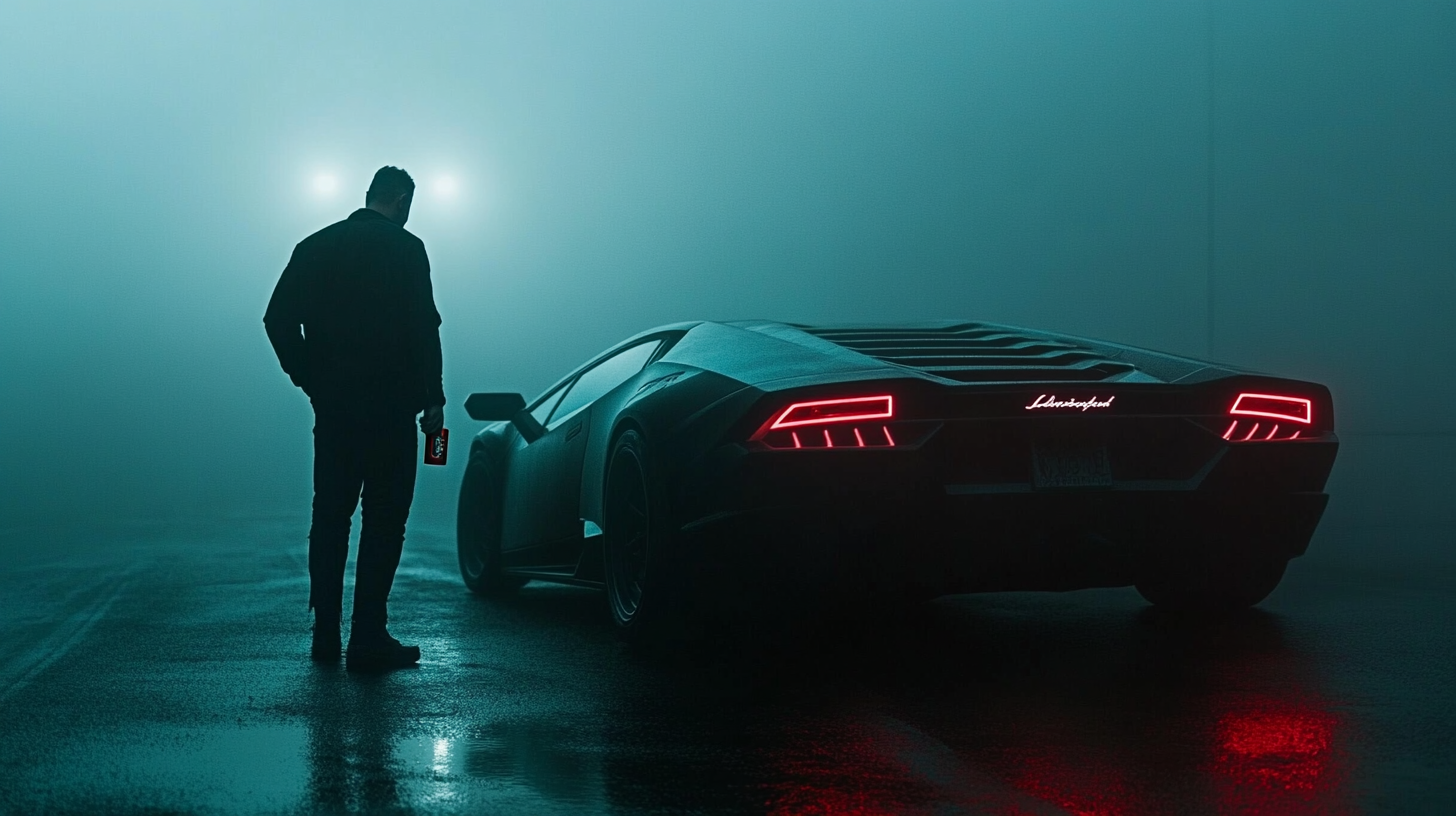 A Man with Beer By Neon-Lit Lamborghini at Night