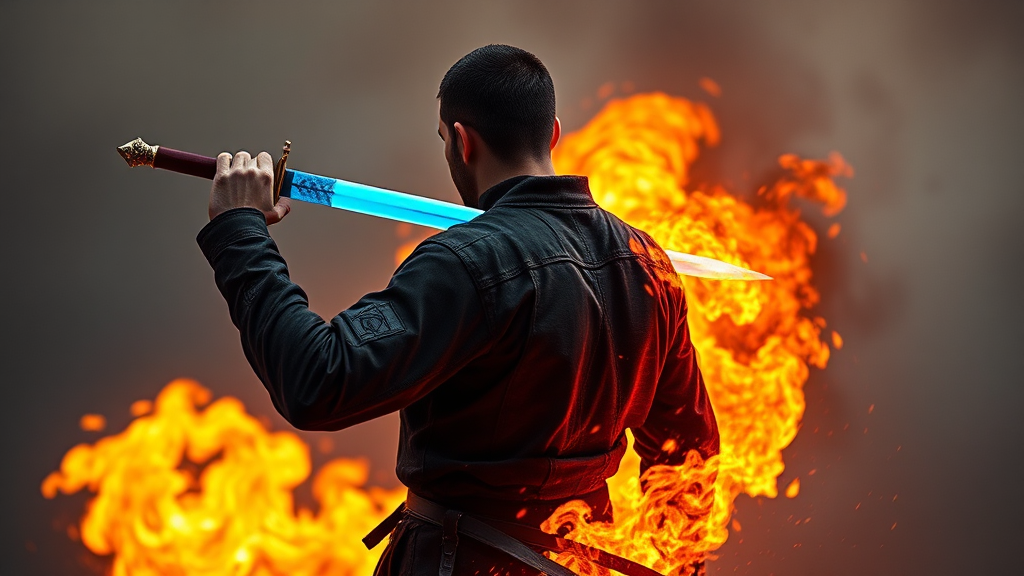 A Man with Blue Sword and Fire Backside