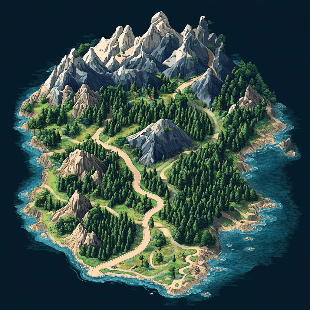 A Map with Forest, Ocean, Mountains, and Path