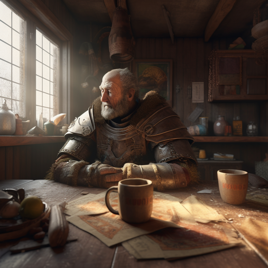 A Medieval Warrior in Rustic Tavern Morning Light