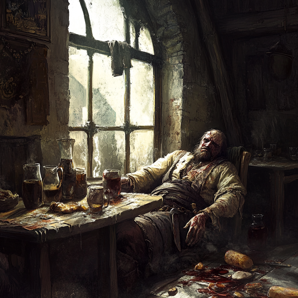 A Medieval Warrior in Tavern, Morning Light Illuminates