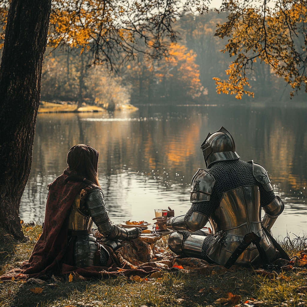 A Medieval knight and lady picnic by lake