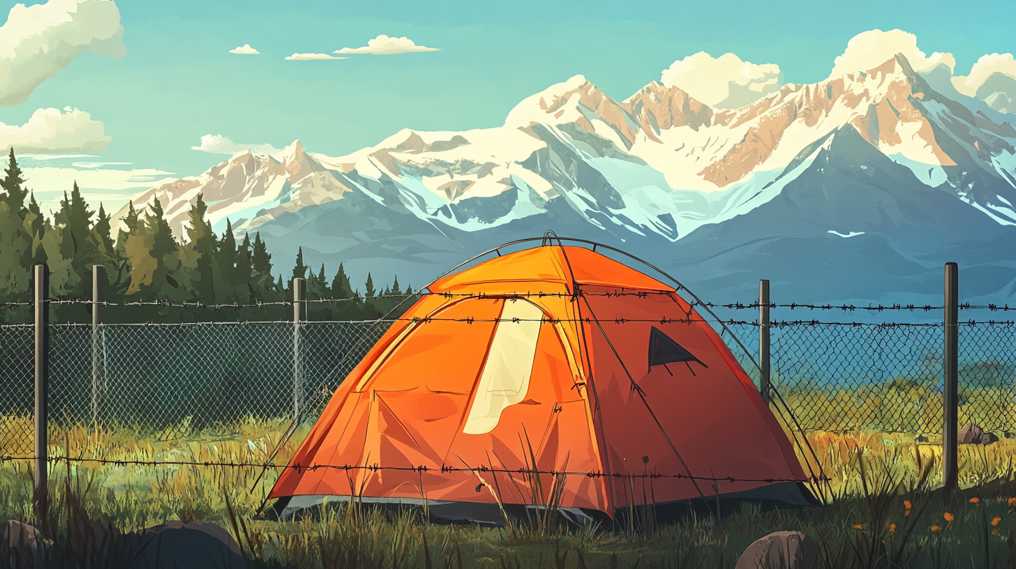 A Metal-Fenced Orange Tent in Majestic Mountains