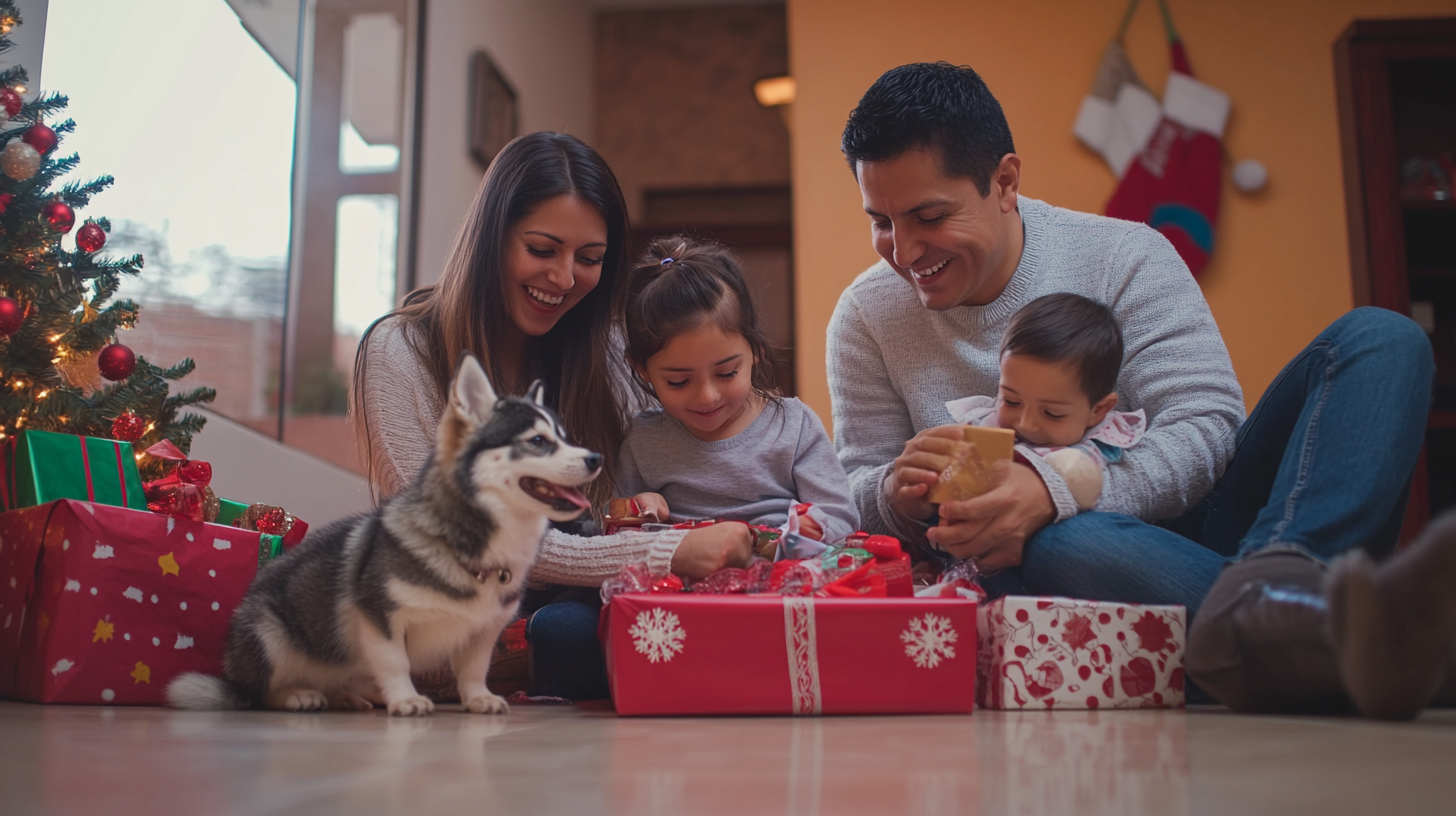 A Mexican family celebrating Christmas with pets