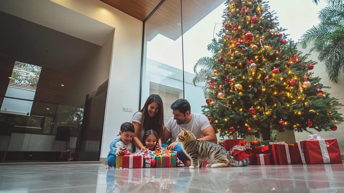 A Mexican family opens Christmas gifts with pets