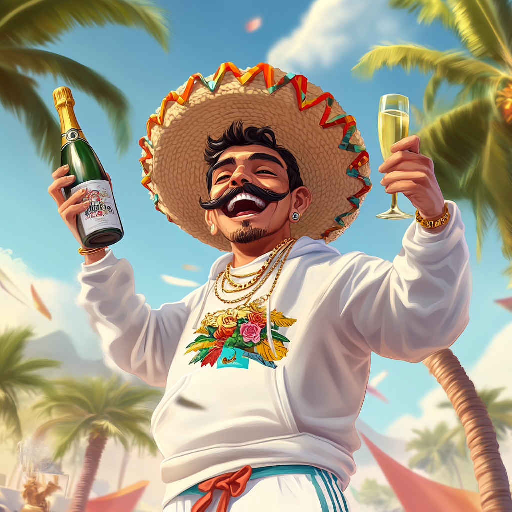 A Mexican man celebrates with champagne and crowd.