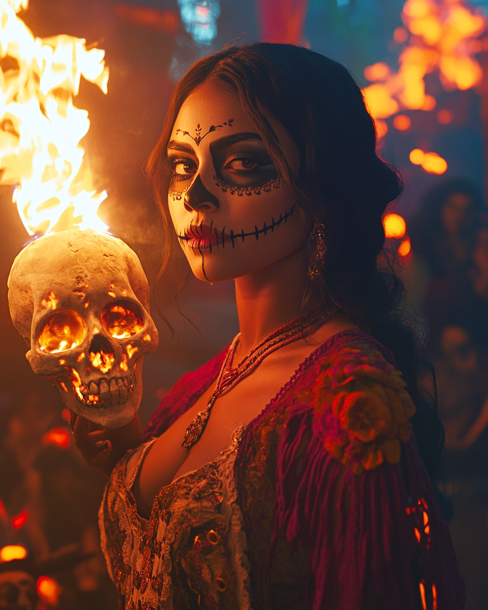 A Mexican senorita at a bonfire party holding skull.