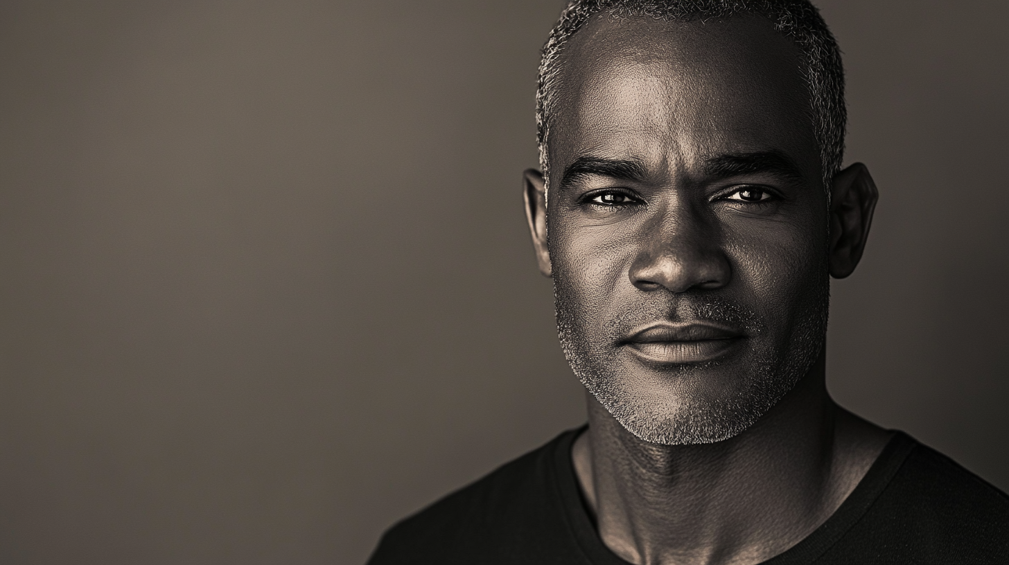 A Middle-Aged Dark-Skinned Man in Monochrome Photo