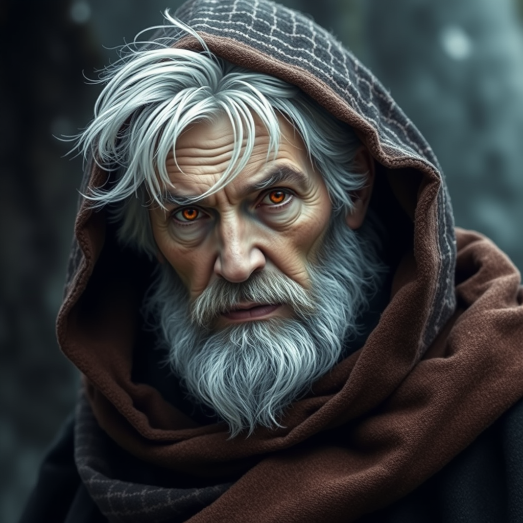 A Middle-Aged Wizard with Scarlet Eyes and Snowy Hair