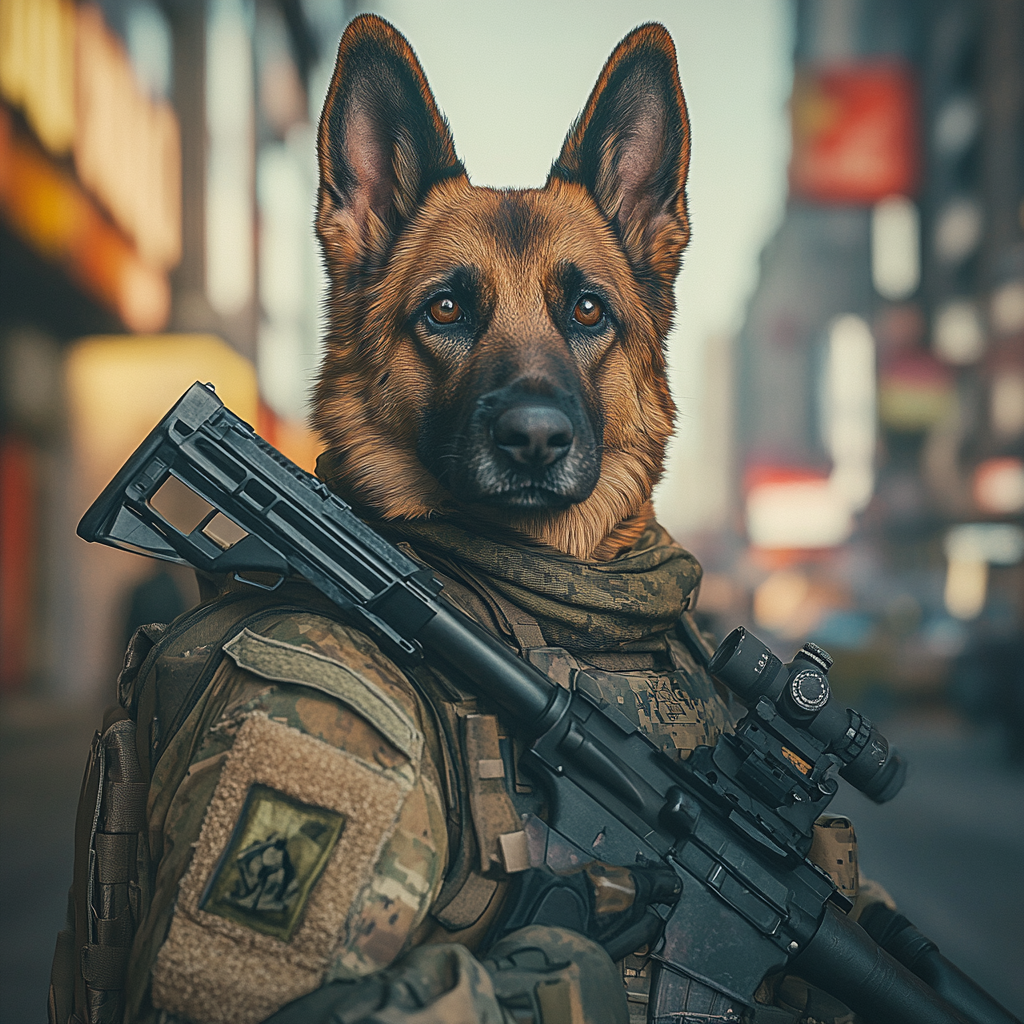 A Military Dog Ready for Combat in City