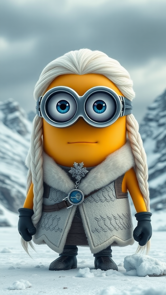 A Minion as Daenerys Targaryen in snowy landscape.