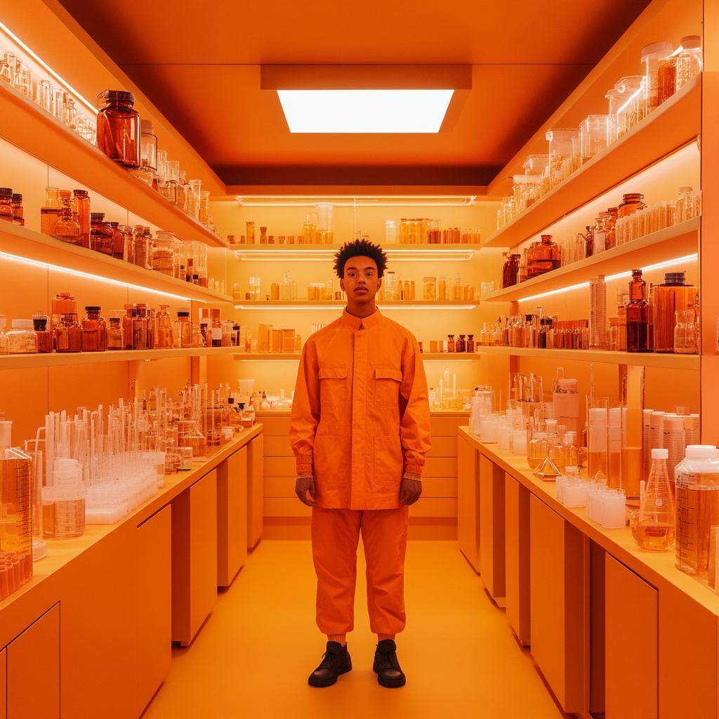 A Model in Orange Science Lab with Shelves