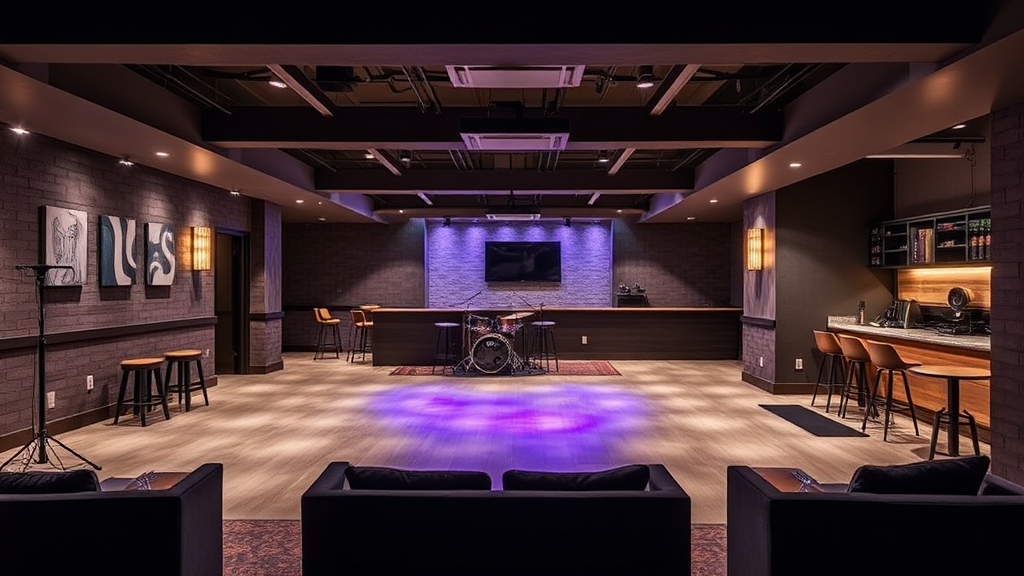 A Modern Basement with Dance Floor and Band Stage