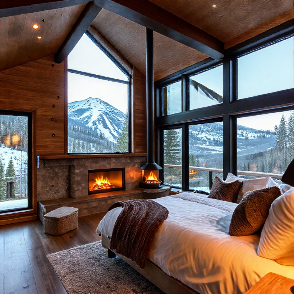 A Modern Cabin Bedroom Overlooking the Mountains