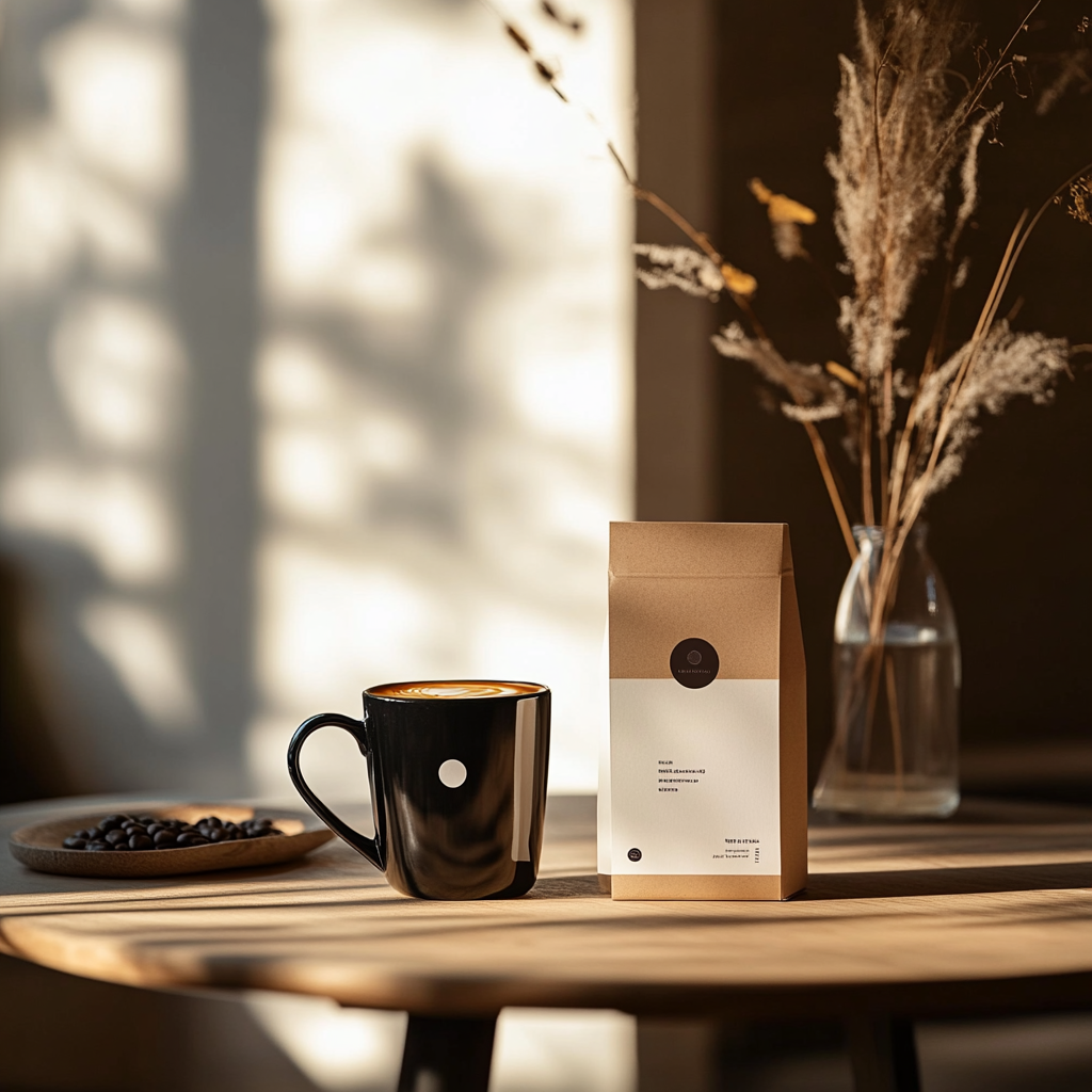 A Modern Coffee Package on Wooden Table