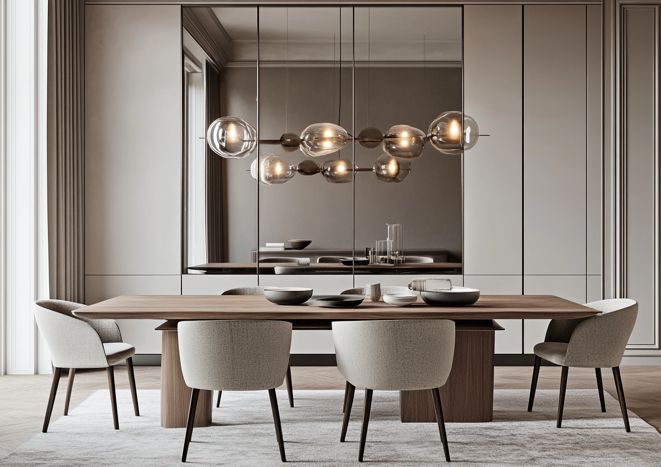 A Modern Dining Area with Large Mirror