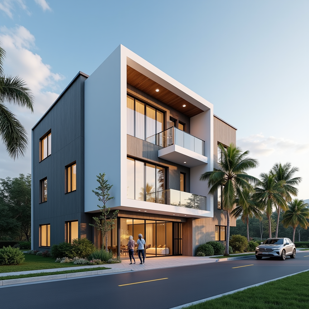 A Modern House with Roadside View in Afternoon