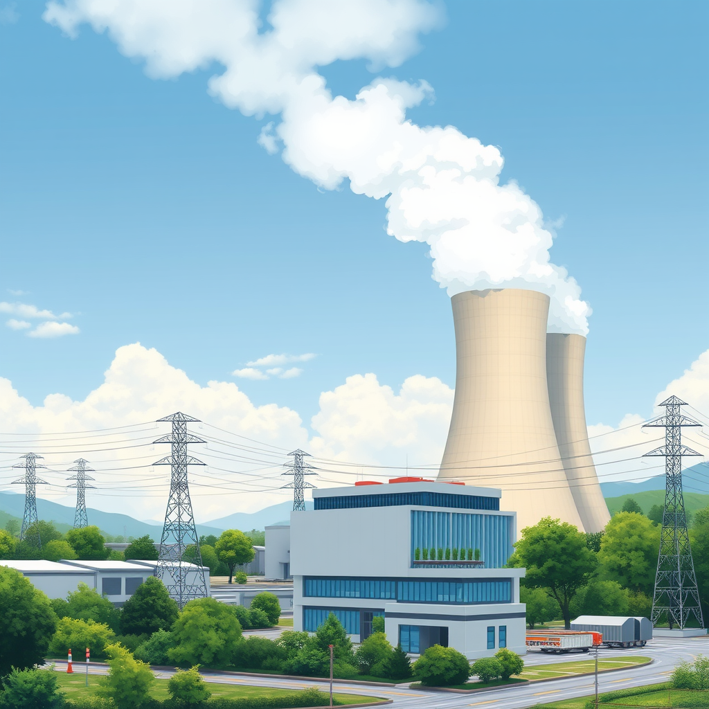 A Modern Power Plant Amidst Greenery and Clouds