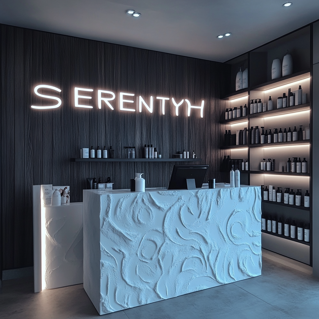 A Modern Salon with Illuminated 'Serenity' Sign